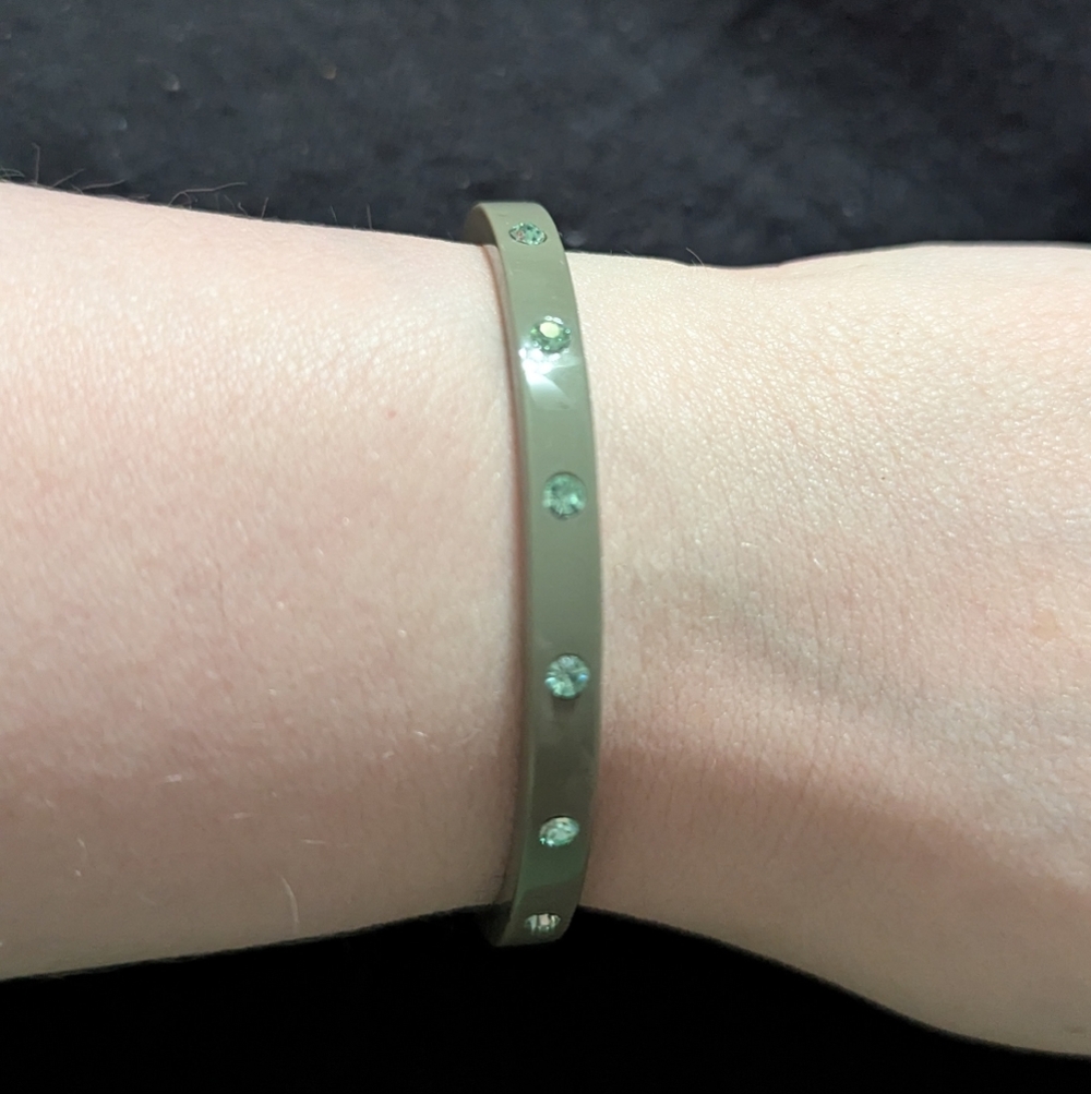 J Crew Olive Green Rhinestone Plastic Bangle Statement Bracelet